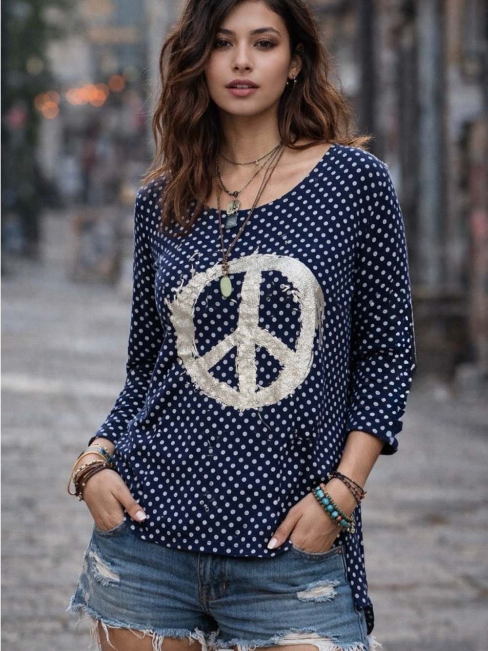 MS Mad Style Navy Polka Dot Peace Sign Top Medium